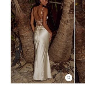 Satin Lace-Up Back Maxi Slip Dress in Ivory